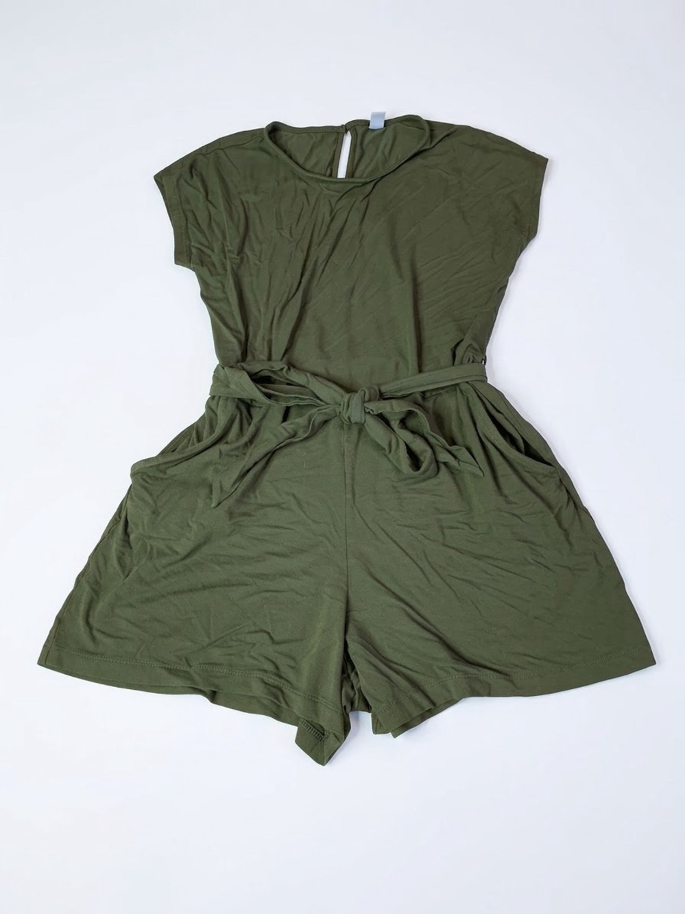 OLD NAVY Olive Green Jersey Tie-Belt Keyhole Romper Short Sleeve Medium
